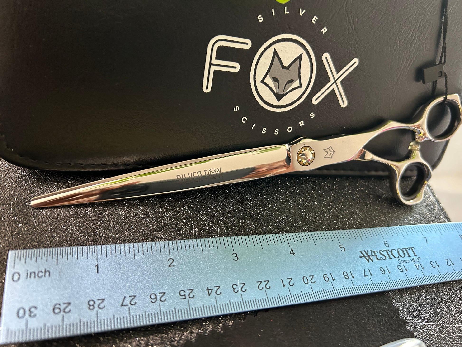 Scissors resting against black case next to ruler for scale.