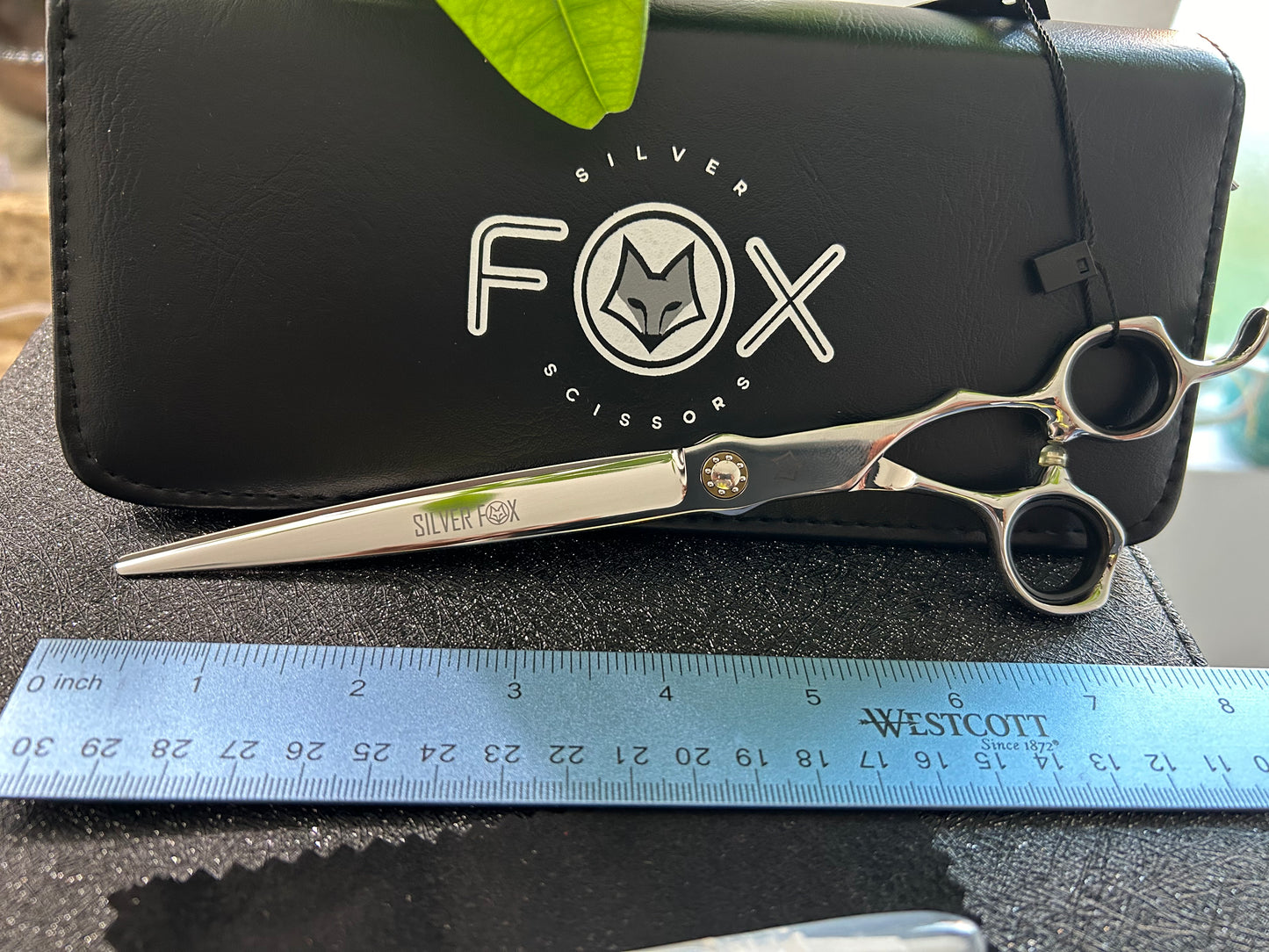 Scissors resting against black case with ruler for scale.