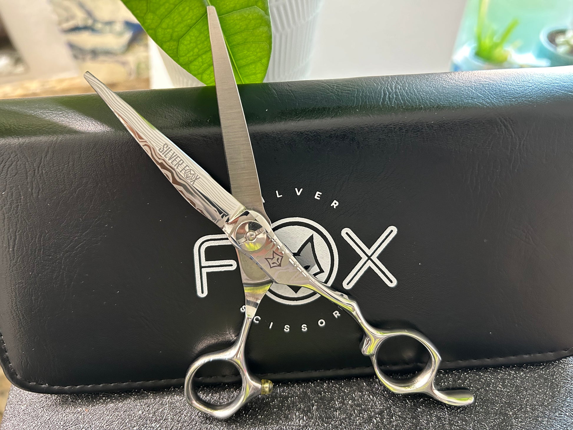 Scissors standing upright against black case with object in front for scale.