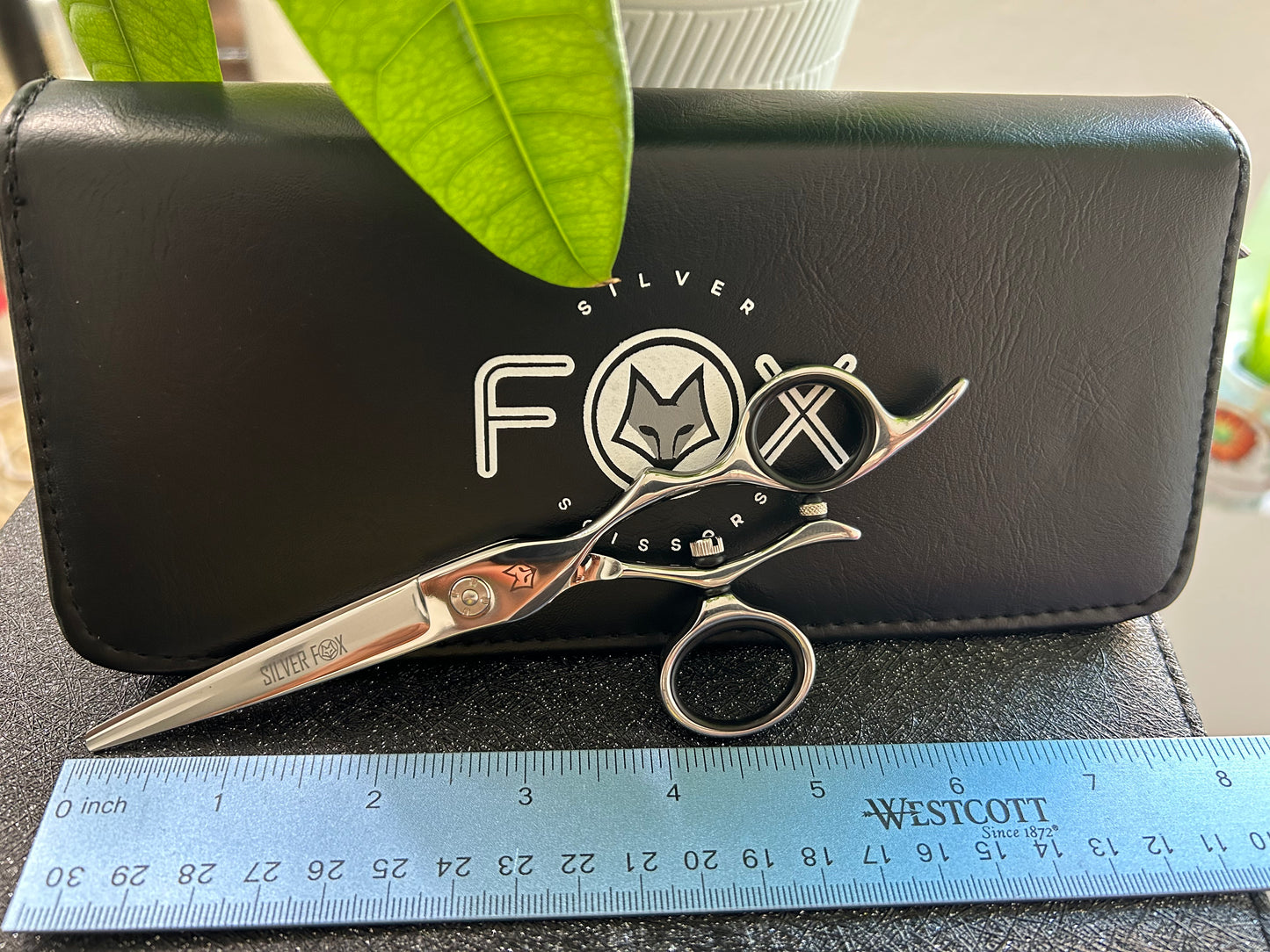 Scissors resting against black case with ruler for scale.