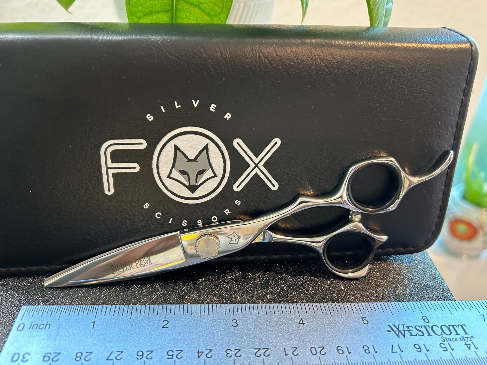 Scissors resting against black case.