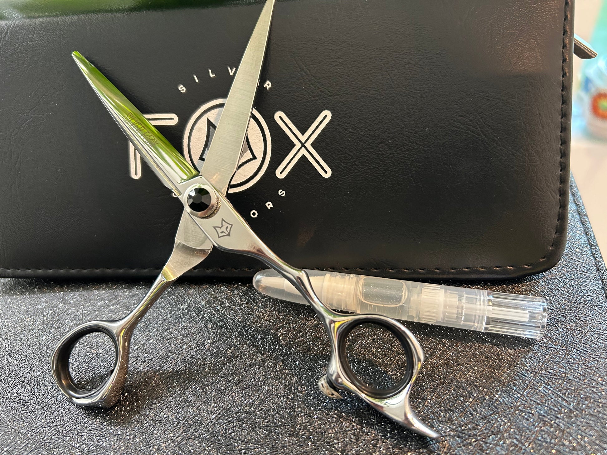 Scissors standing upright against black case with object in front for scale.