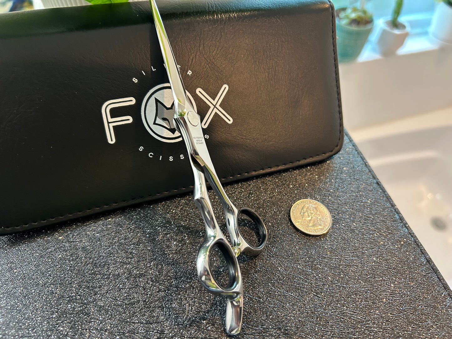 Scissors standing upright against black case with object in front for scale.