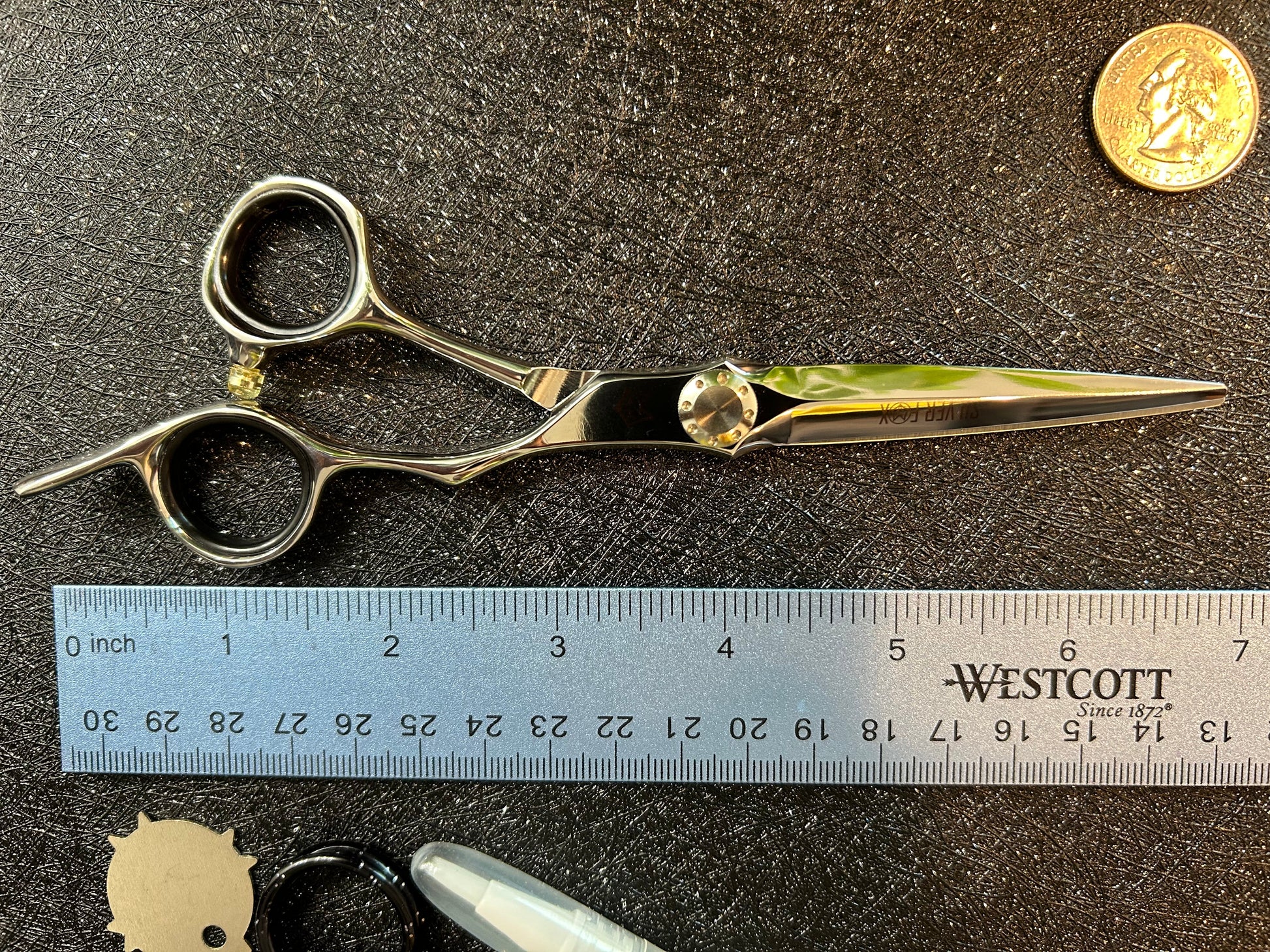 Top view of scissors next to ruler for scale.