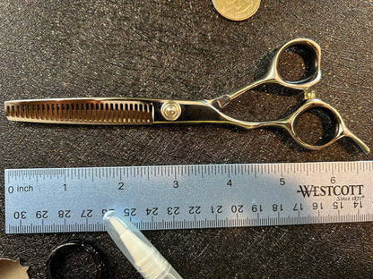 Top view of scissors next to ruler for scale.