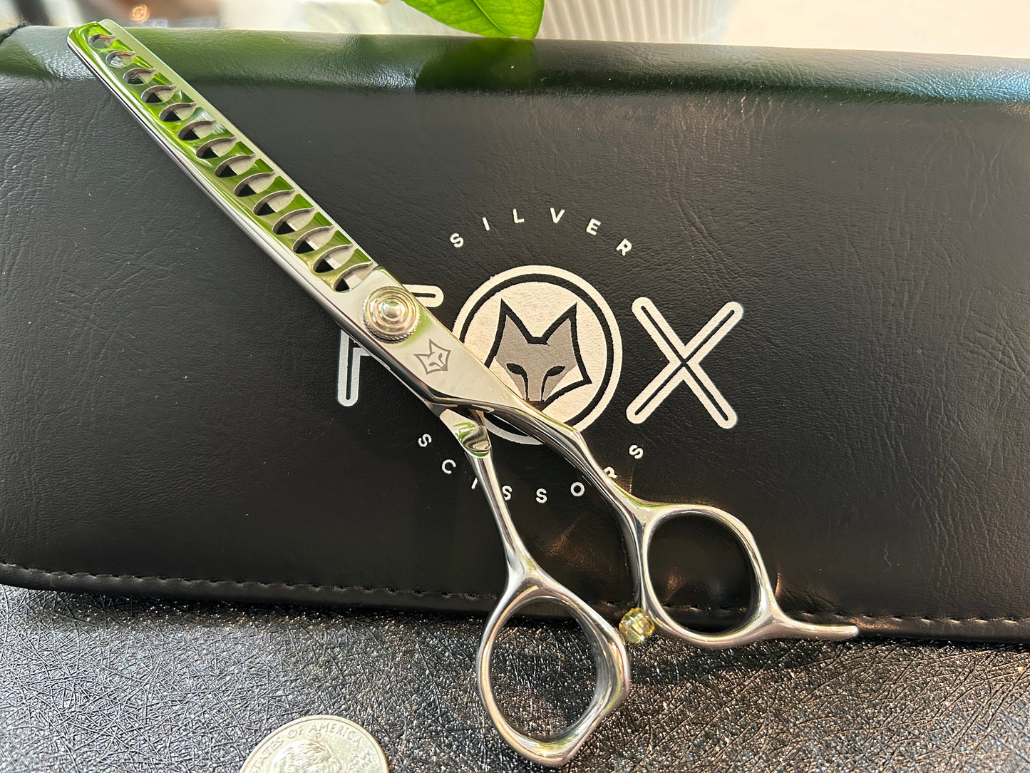 Scissors standing upright against black case with object in front for scale.