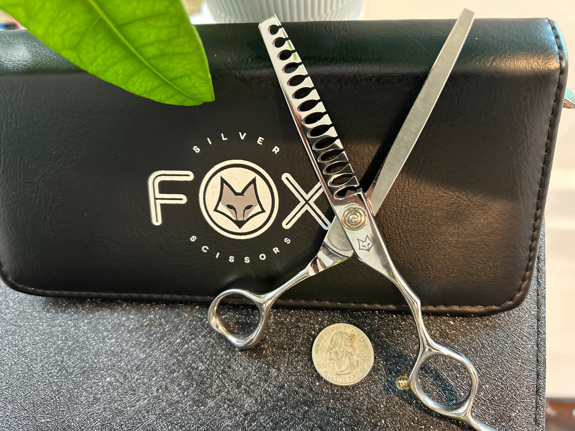 Scissors standing upright against black case with object in front for scale.