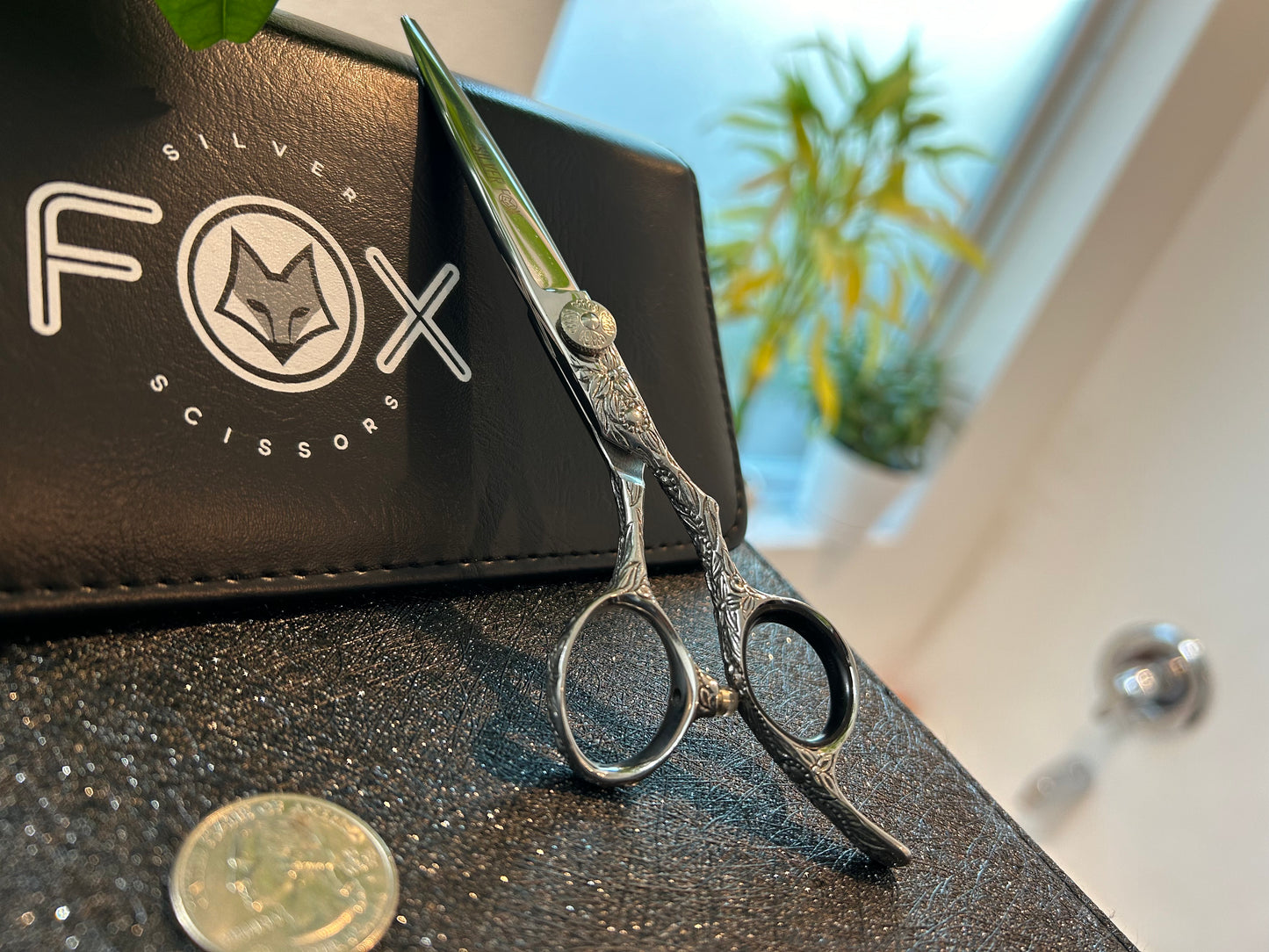 Scissors standing upright against black case with object in front for scale.