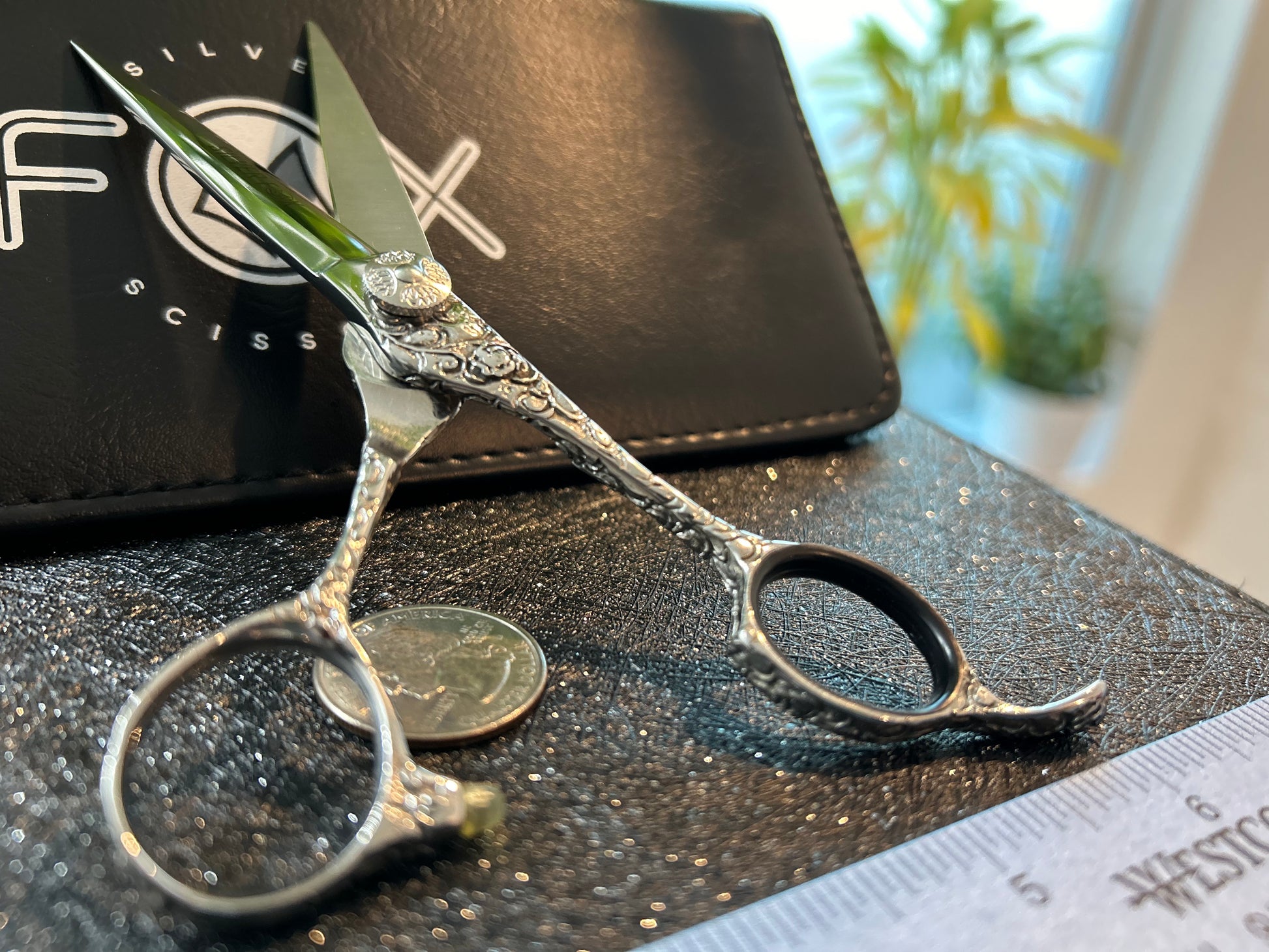 Scissors standing upright against black case with object in front for scale.