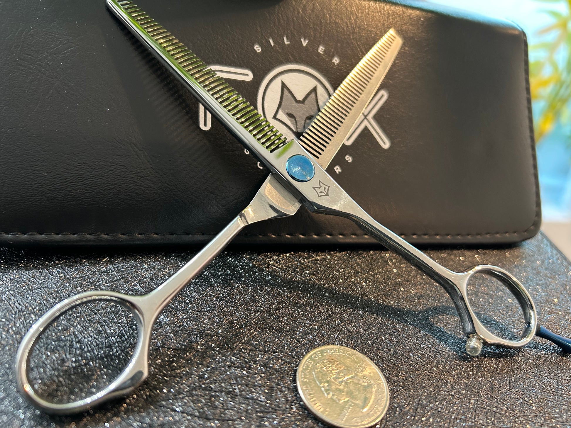 Scissors standing upright against black case with object in front for scale.