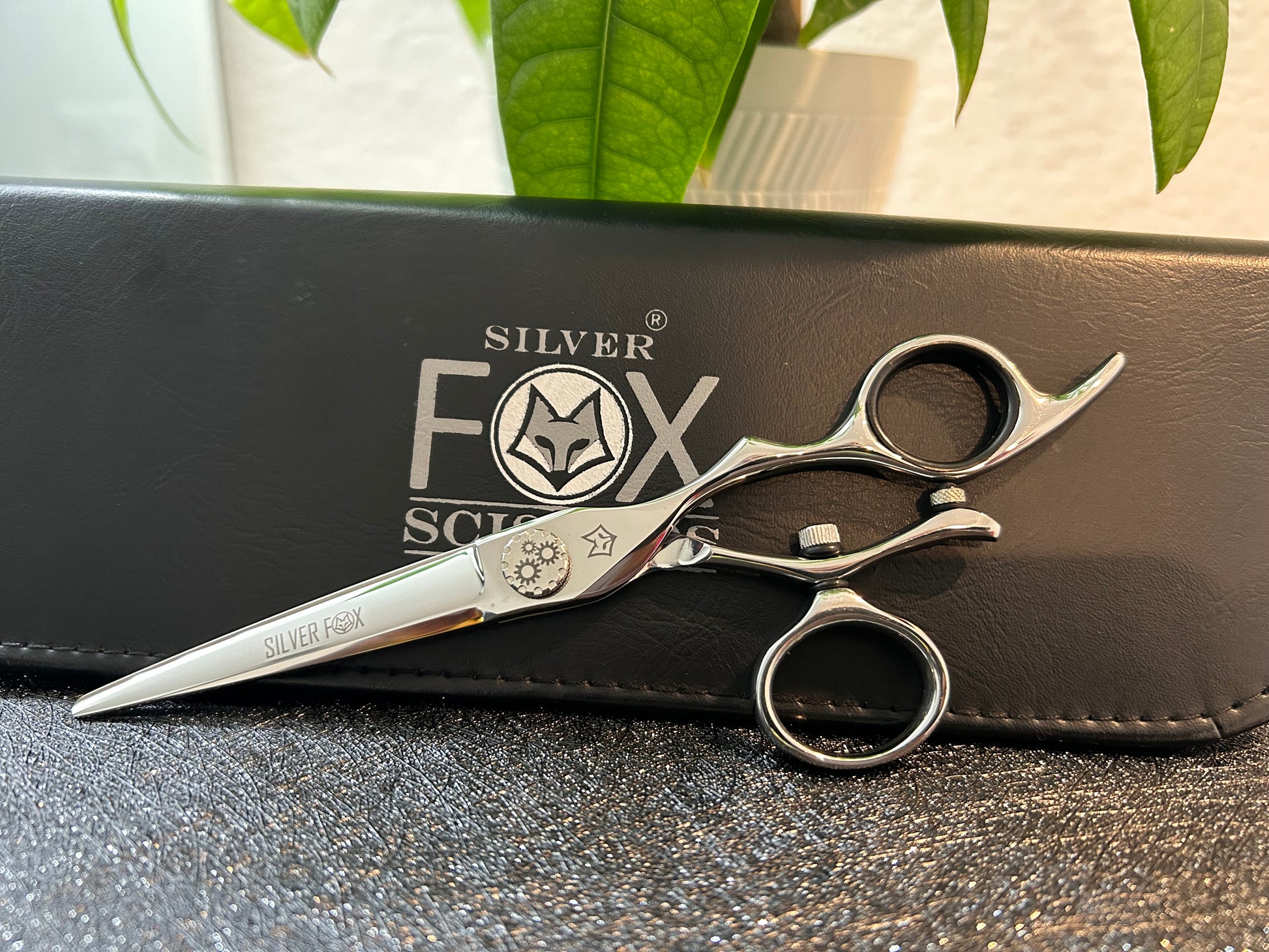 Scissors resting against black case.