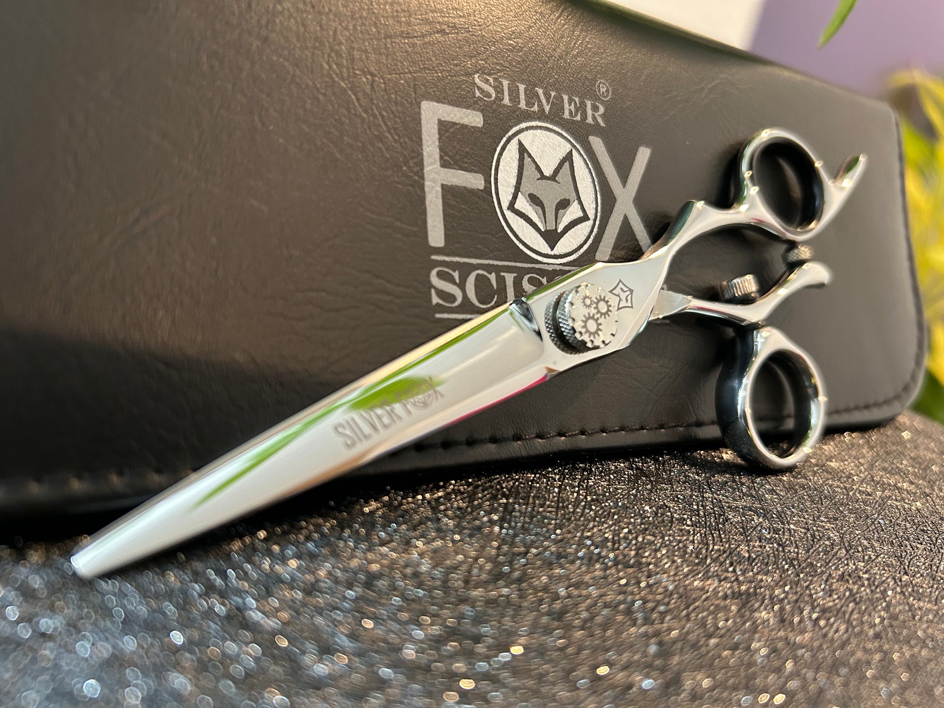 Scissors resting against black case.