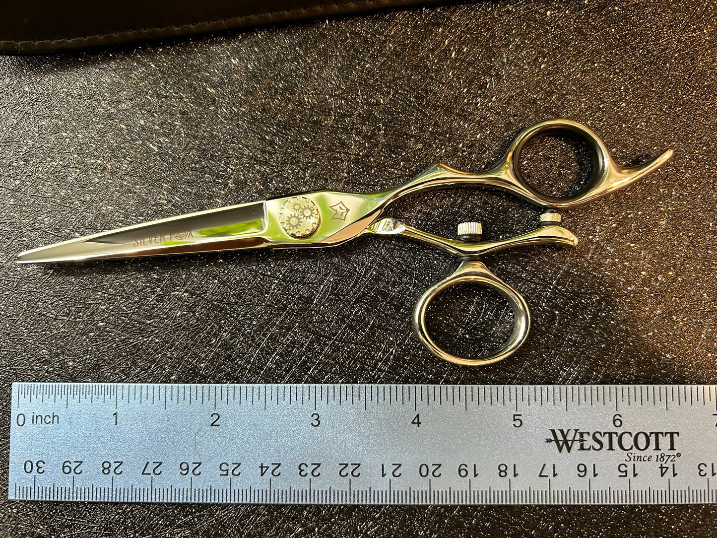 Top view of scissors next to ruler for scale.