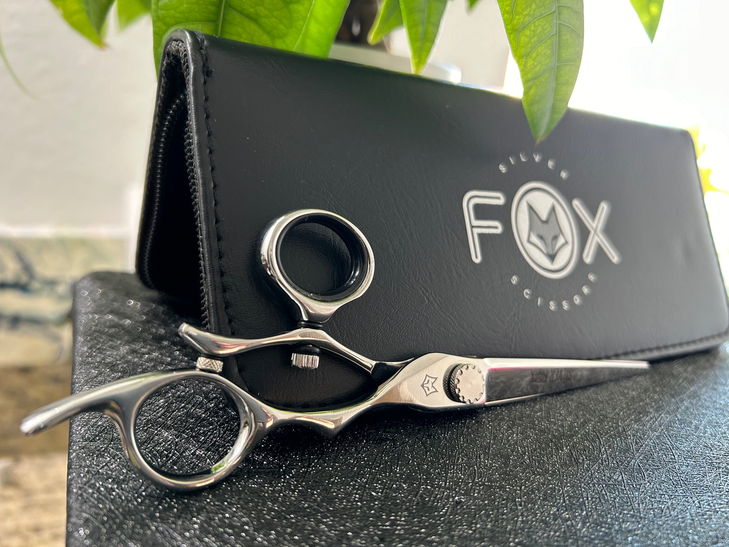 Scissors resting against black case.