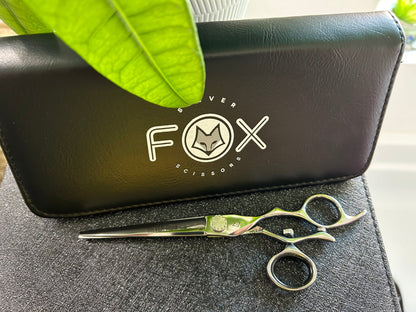 Top view of scissors with black case.