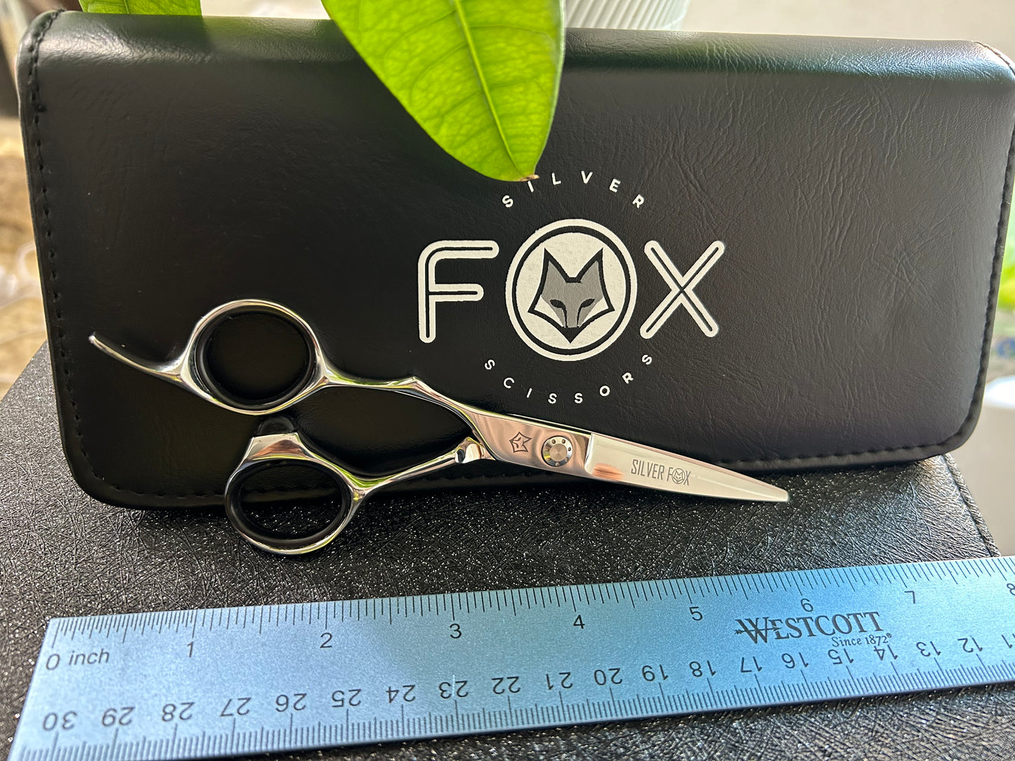 Scissors resting against black case with ruler for scale.